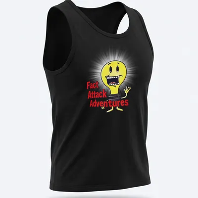 Cartoon light bulb with text 'Fact Attack Adventures' in yellow, black, red, and white — printed on a tank top