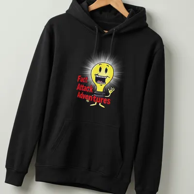Cartoon light bulb with text 'Fact Attack Adventures' in yellow, black, red, and white — printed on a unisex hoodie