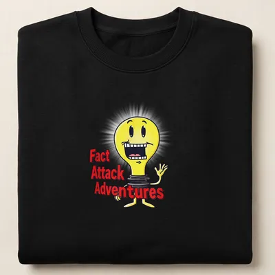 Cartoon light bulb with text 'Fact Attack Adventures' in yellow, black, red, and white — printed on a unisex sweatshirt