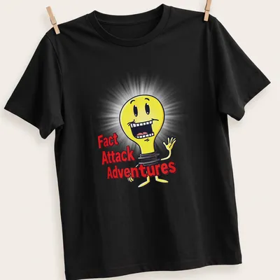 Cartoon light bulb with text 'Fact Attack Adventures' in yellow, black, red, and white