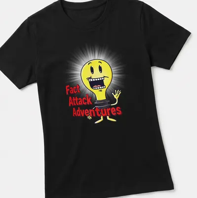 Cartoon light bulb with text 'Fact Attack Adventures' in yellow, black, red, and white — printed on a women's shirt