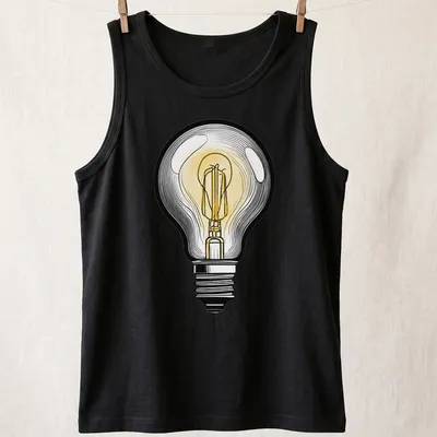 Detailed illustration of a lightbulb with the text JUST A LIGHTBULB — printed on a tank top