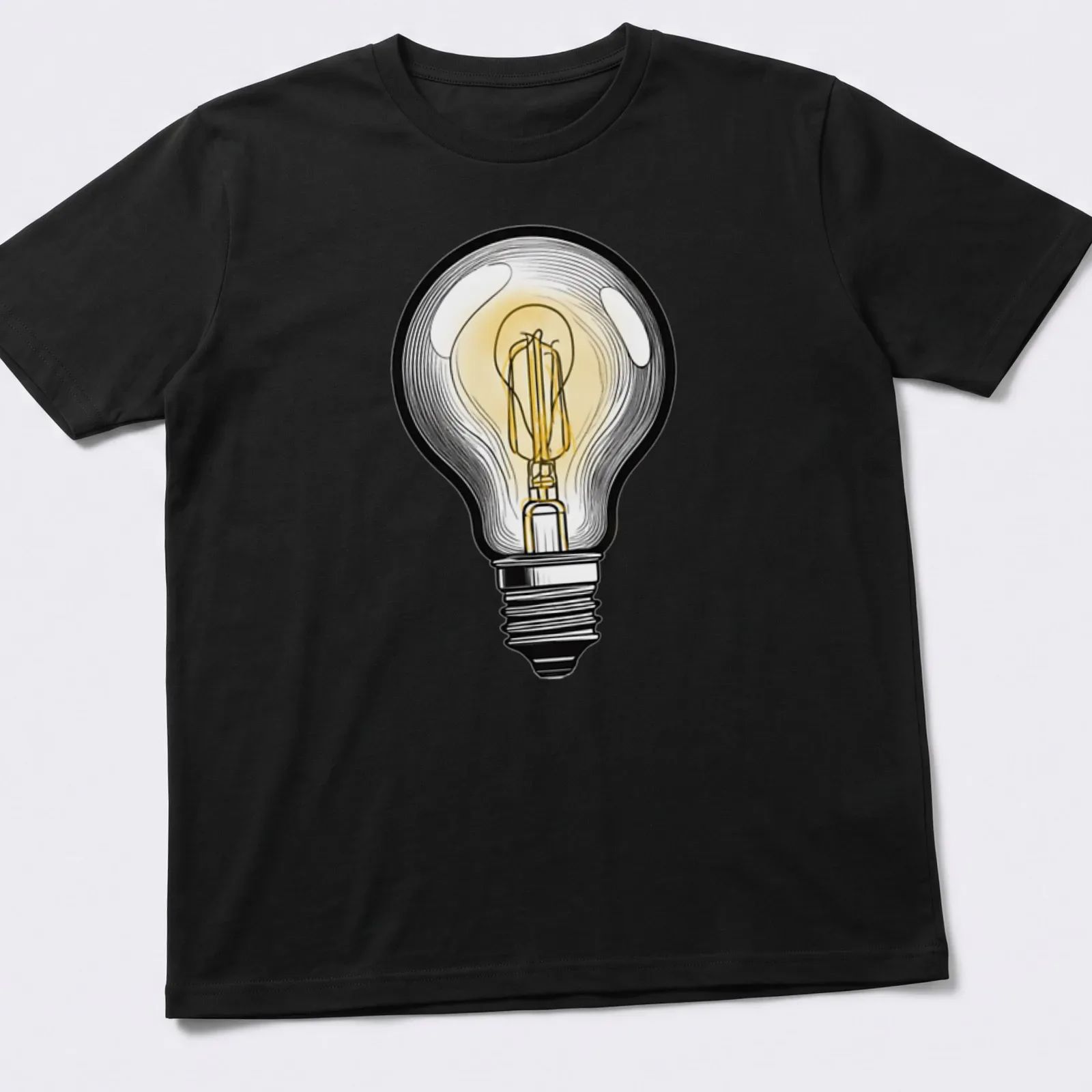 Detailed illustration of a lightbulb with the text JUST A LIGHTBULB — printed on a unisex t-shirt