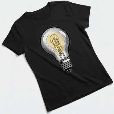 Detailed illustration of a lightbulb with the text JUST A LIGHTBULB — printed on a women's shirt