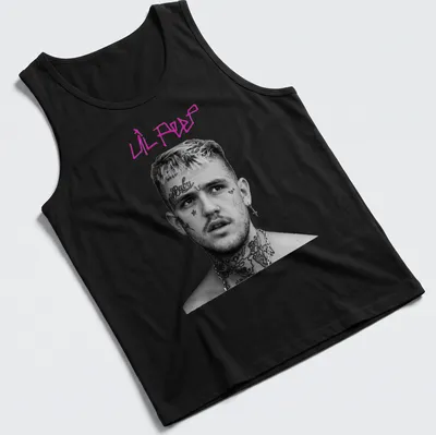 Black and white portrait of Lil Peep with pink lettering — printed on a tank top