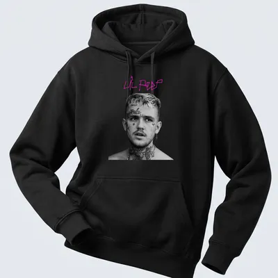 Black and white portrait of Lil Peep with pink lettering — printed on a unisex hoodie