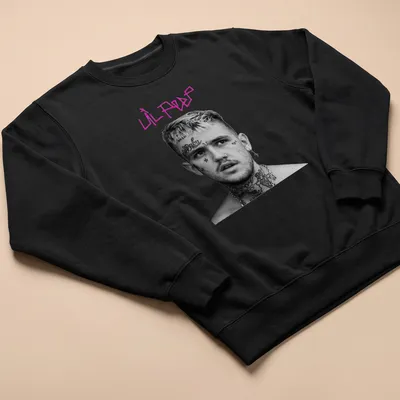 Black and white portrait of Lil Peep with pink lettering — printed on a unisex sweatshirt