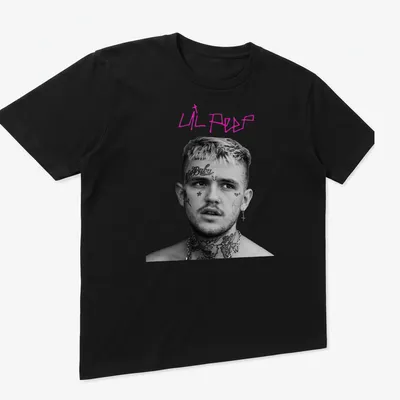 Black and white portrait of Lil Peep with pink lettering — printed on a unisex t-shirt (angled view)