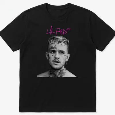 Black and white portrait of Lil Peep with pink lettering