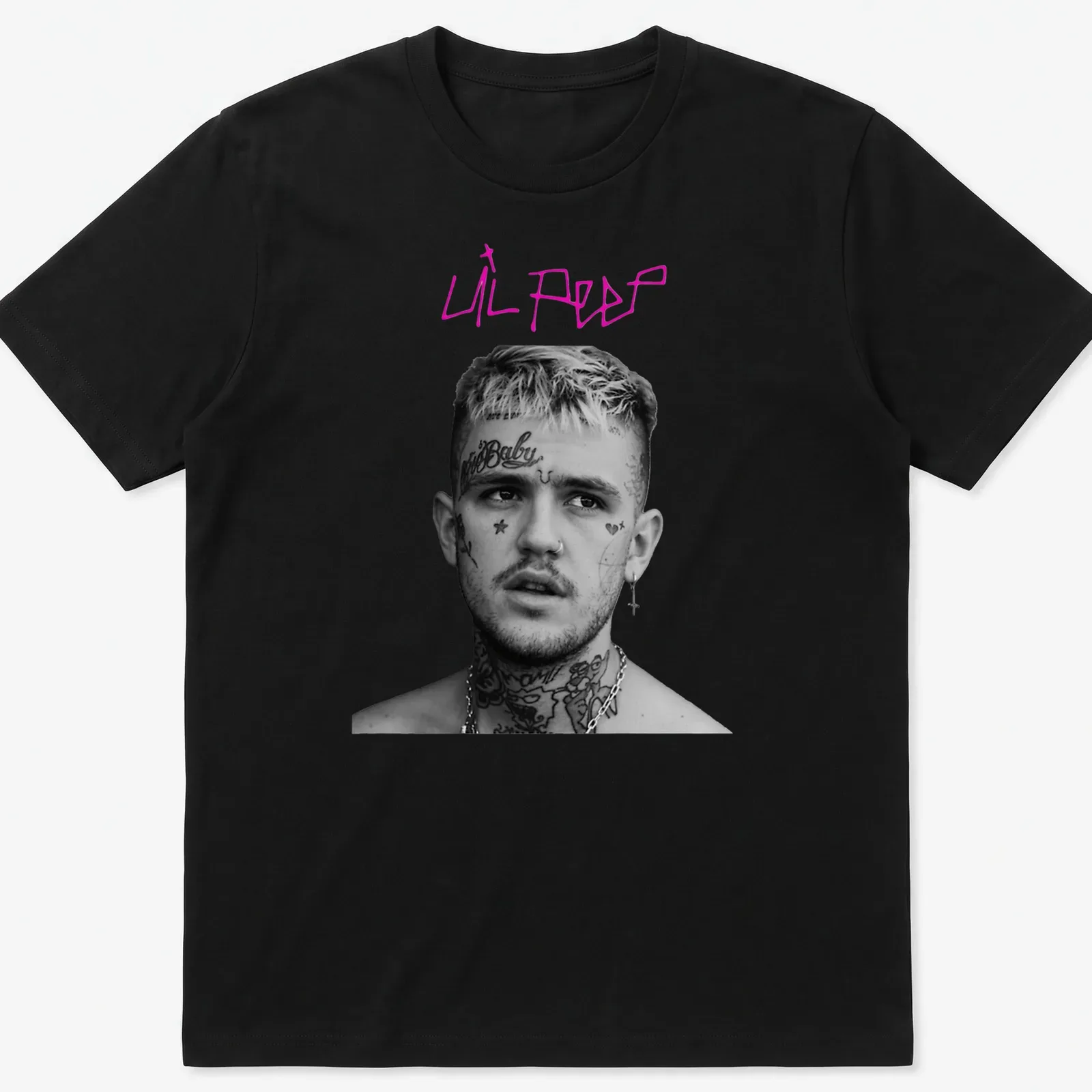 Black and white portrait of Lil Peep with pink lettering — printed on a unisex t-shirt