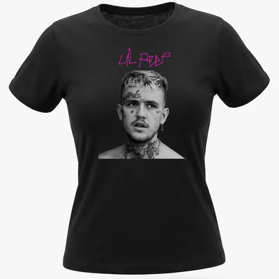 Black and white portrait of Lil Peep with pink lettering — printed on a women's shirt