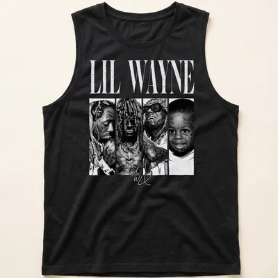 Vintage black and white Lil Wayne t-shirt featuring bold lettering and a portrait — printed on a tank top