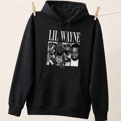 Vintage black and white Lil Wayne t-shirt featuring bold lettering and a portrait — printed on a unisex hoodie