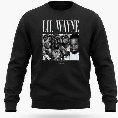 Vintage black and white Lil Wayne t-shirt featuring bold lettering and a portrait — printed on a unisex sweatshirt
