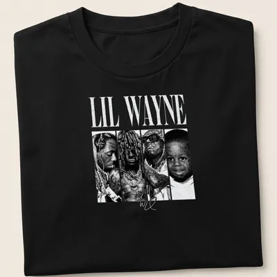 Vintage black and white Lil Wayne t-shirt featuring bold lettering and a portrait