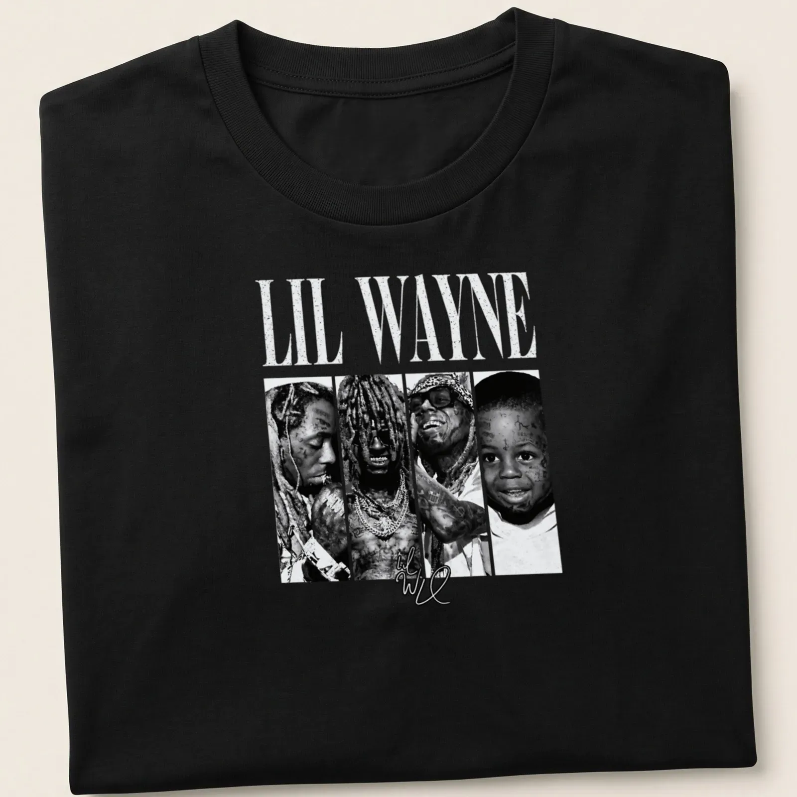 Vintage black and white Lil Wayne t-shirt featuring bold lettering and a portrait — printed on a unisex t-shirt