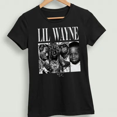 Vintage black and white Lil Wayne t-shirt featuring bold lettering and a portrait — printed on a women's shirt