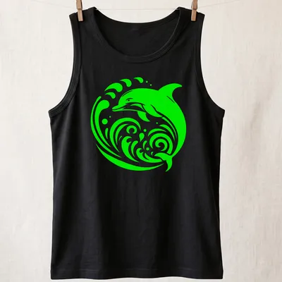 Tribal design of a dolphin emerging from waves in lime green — printed on a tank top