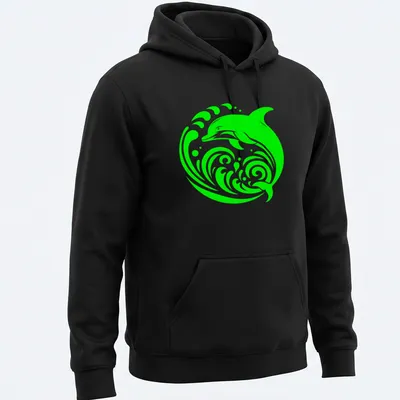 Tribal design of a dolphin emerging from waves in lime green — printed on a unisex hoodie