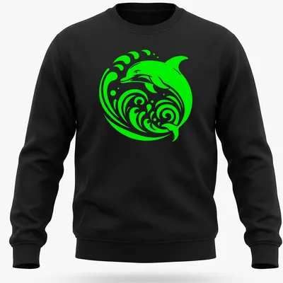 Tribal design of a dolphin emerging from waves in lime green — printed on a unisex sweatshirt