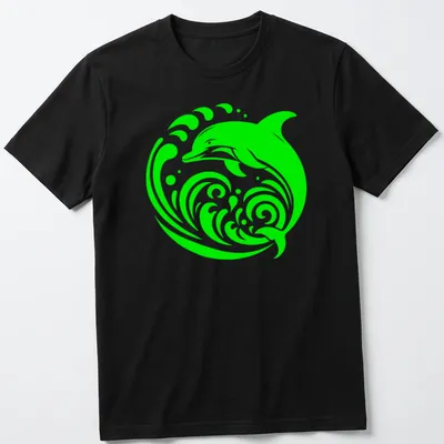 Tribal design of a dolphin emerging from waves in lime green