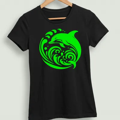 Tribal design of a dolphin emerging from waves in lime green — printed on a women's shirt