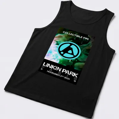 Linkin Park logo T-shirt featuring collectible pin graphic in teal, black, and white — printed on a tank top