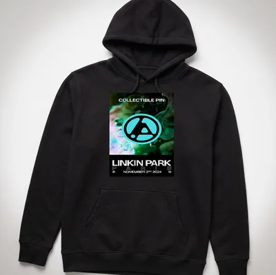 Linkin Park logo T-shirt featuring collectible pin graphic in teal, black, and white — printed on a unisex hoodie