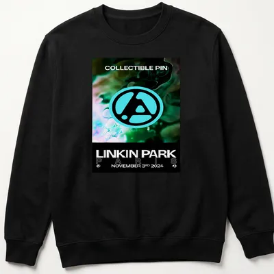 Linkin Park logo T-shirt featuring collectible pin graphic in teal, black, and white — printed on a unisex sweatshirt