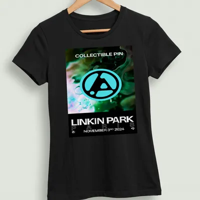Linkin Park logo T-shirt featuring collectible pin graphic in teal, black, and white — printed on a women's shirt