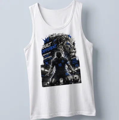 Dynamic lion football player with bold typography about mentality and success — printed on a tank top