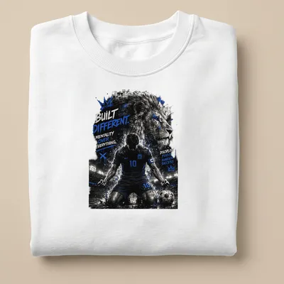 Dynamic lion football player with bold typography about mentality and success — printed on a unisex sweatshirt