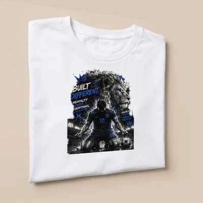 Dynamic lion football player with bold typography about mentality and success — printed on a unisex t-shirt (angled view)
