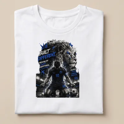 Dynamic lion football player with bold typography about mentality and success