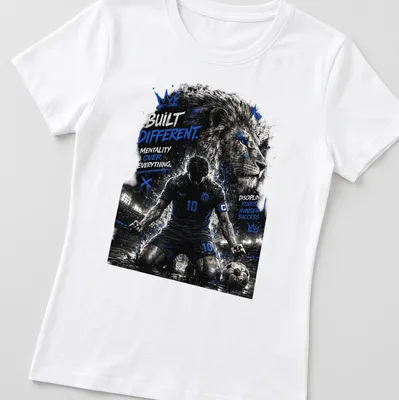 Dynamic lion football player with bold typography about mentality and success — printed on a women's shirt