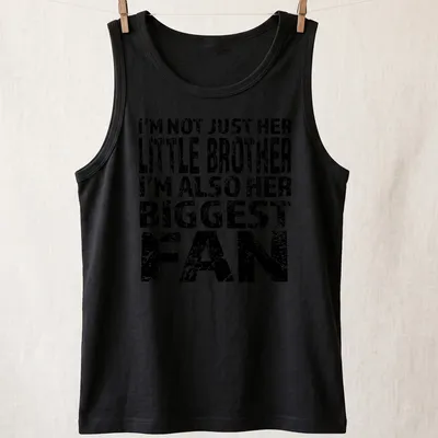Distressed typography t-shirt for little brothers, black and white print — printed on a tank top