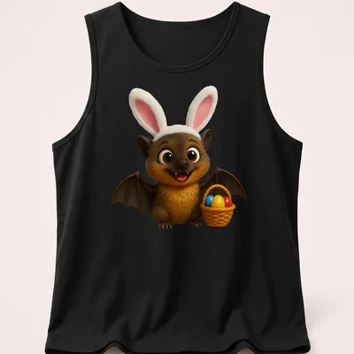 Kawaii cartoon of a brown bat holding an Easter basket filled with colorful eggs — printed on a tank top