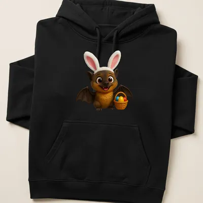 Kawaii cartoon of a brown bat holding an Easter basket filled with colorful eggs — printed on a unisex hoodie