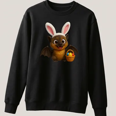Kawaii cartoon of a brown bat holding an Easter basket filled with colorful eggs — printed on a unisex sweatshirt