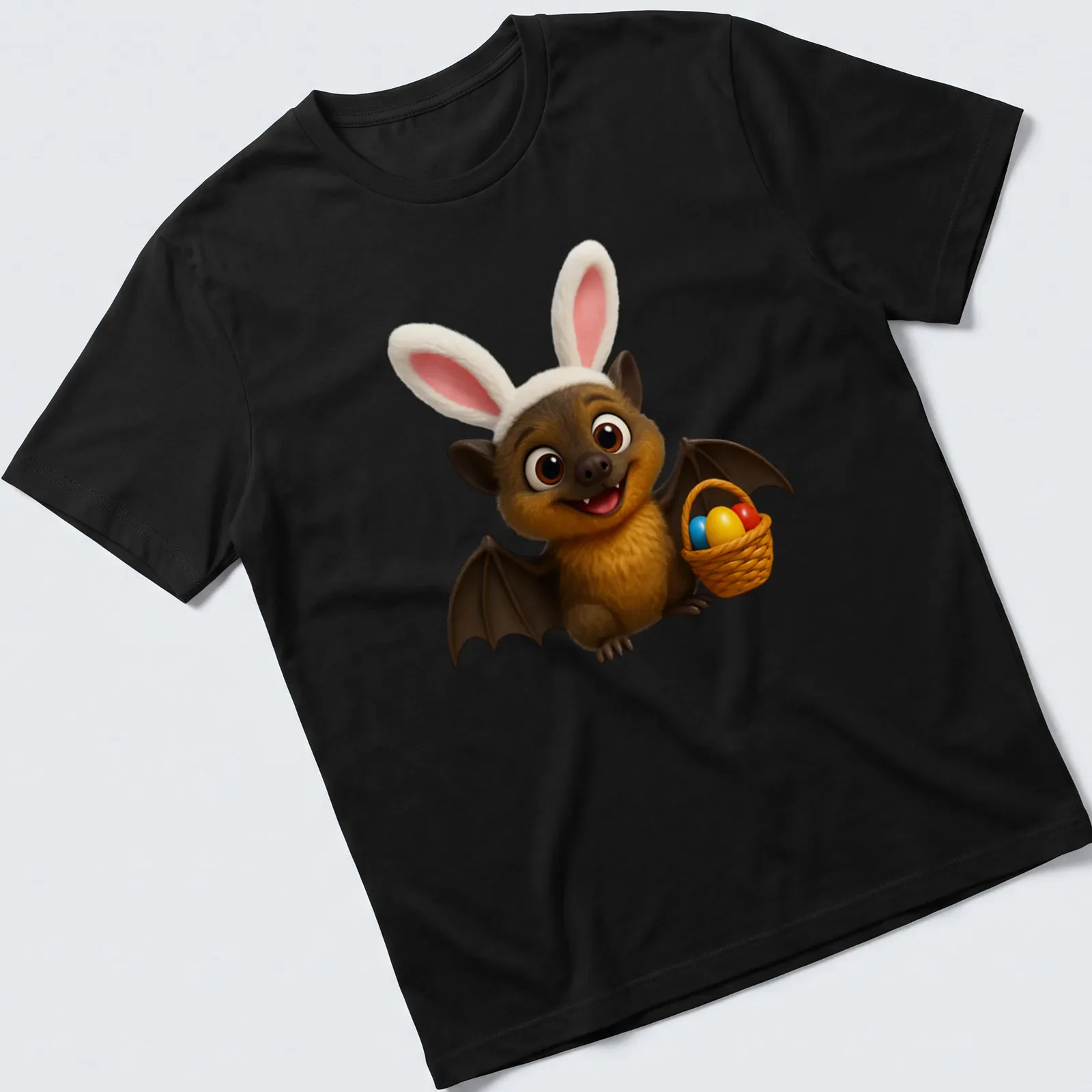 Kawaii cartoon of a brown bat holding an Easter basket filled with colorful eggs — printed on a unisex t-shirt