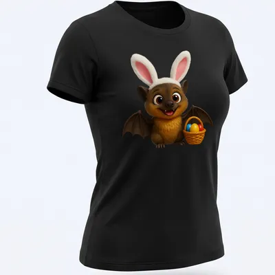 Kawaii cartoon of a brown bat holding an Easter basket filled with colorful eggs — printed on a women's shirt