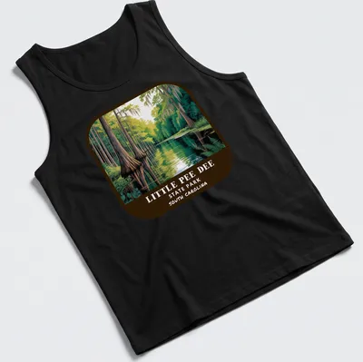 Vintage illustration of swamp landscape with cypress trees and text for Little Pee Dee State Park — printed on a tank top