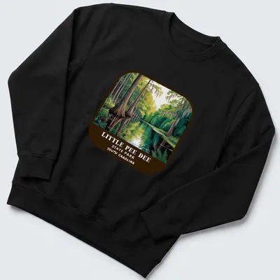 Vintage illustration of swamp landscape with cypress trees and text for Little Pee Dee State Park — printed on a unisex sweatshirt