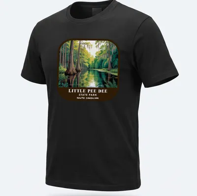 Vintage illustration of swamp landscape with cypress trees and text for Little Pee Dee State Park