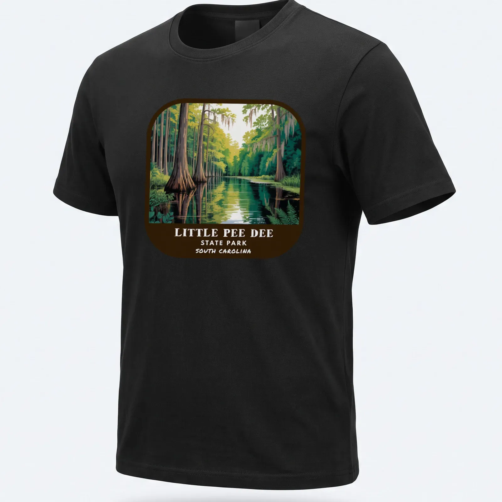 Vintage illustration of swamp landscape with cypress trees and text for Little Pee Dee State Park — printed on a unisex t-shirt