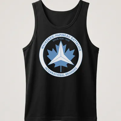 Mackenzie-Papineau Battalion emblem in a circular design with light blue and white colors — printed on a tank top
