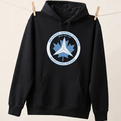 Mackenzie-Papineau Battalion emblem in a circular design with light blue and white colors — printed on a unisex hoodie
