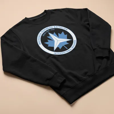 Mackenzie-Papineau Battalion emblem in a circular design with light blue and white colors — printed on a unisex sweatshirt