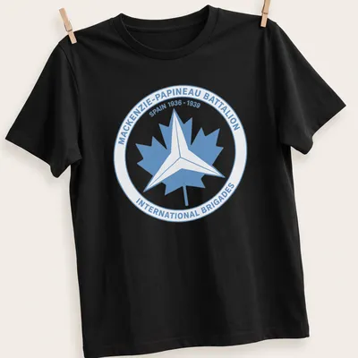 Mackenzie-Papineau Battalion emblem in a circular design with light blue and white colors