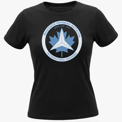 Mackenzie-Papineau Battalion emblem in a circular design with light blue and white colors — printed on a women's shirt